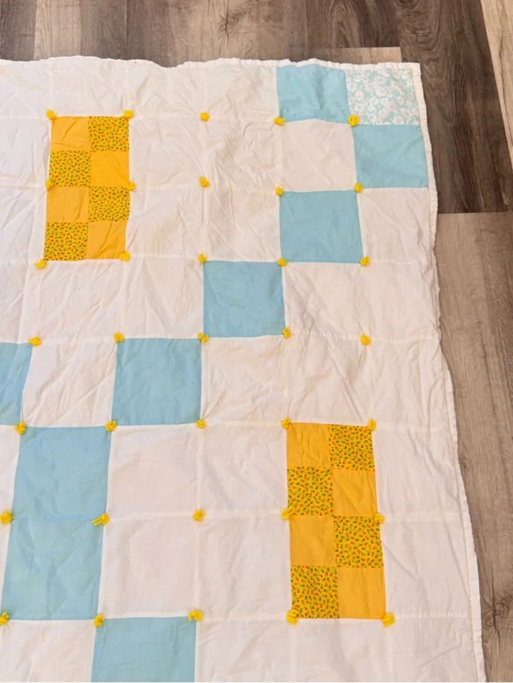Vintage Handmade Patchwork Quilt White, Blue & Yellow Tattered Country